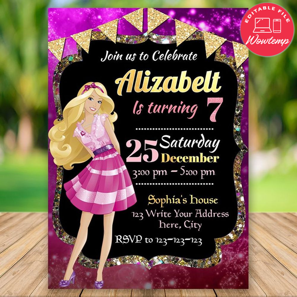Printed - Editable Barbie Birthday Invitations (envelopes included)