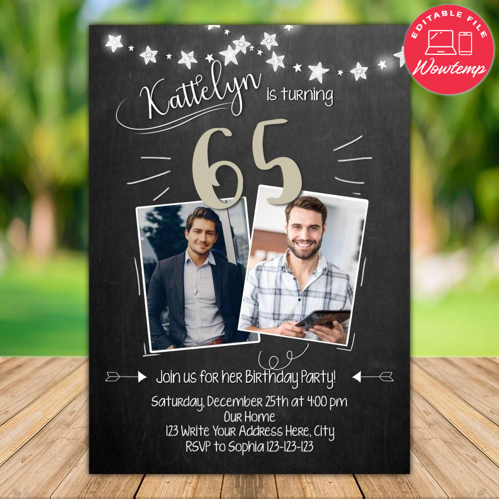 Printable Adult Mens 65th Birthday Photo Invitation DIY | Wowtemp