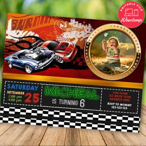 Editable Hot Wheels Birthday Invitation With Photo Digital File