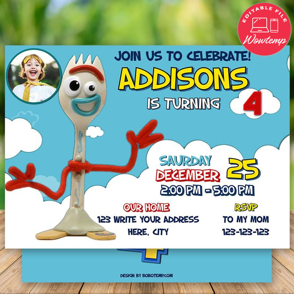 Printed - Editable Toy Story 4 Forky Birthday Invitation With Photo (envelopes included)