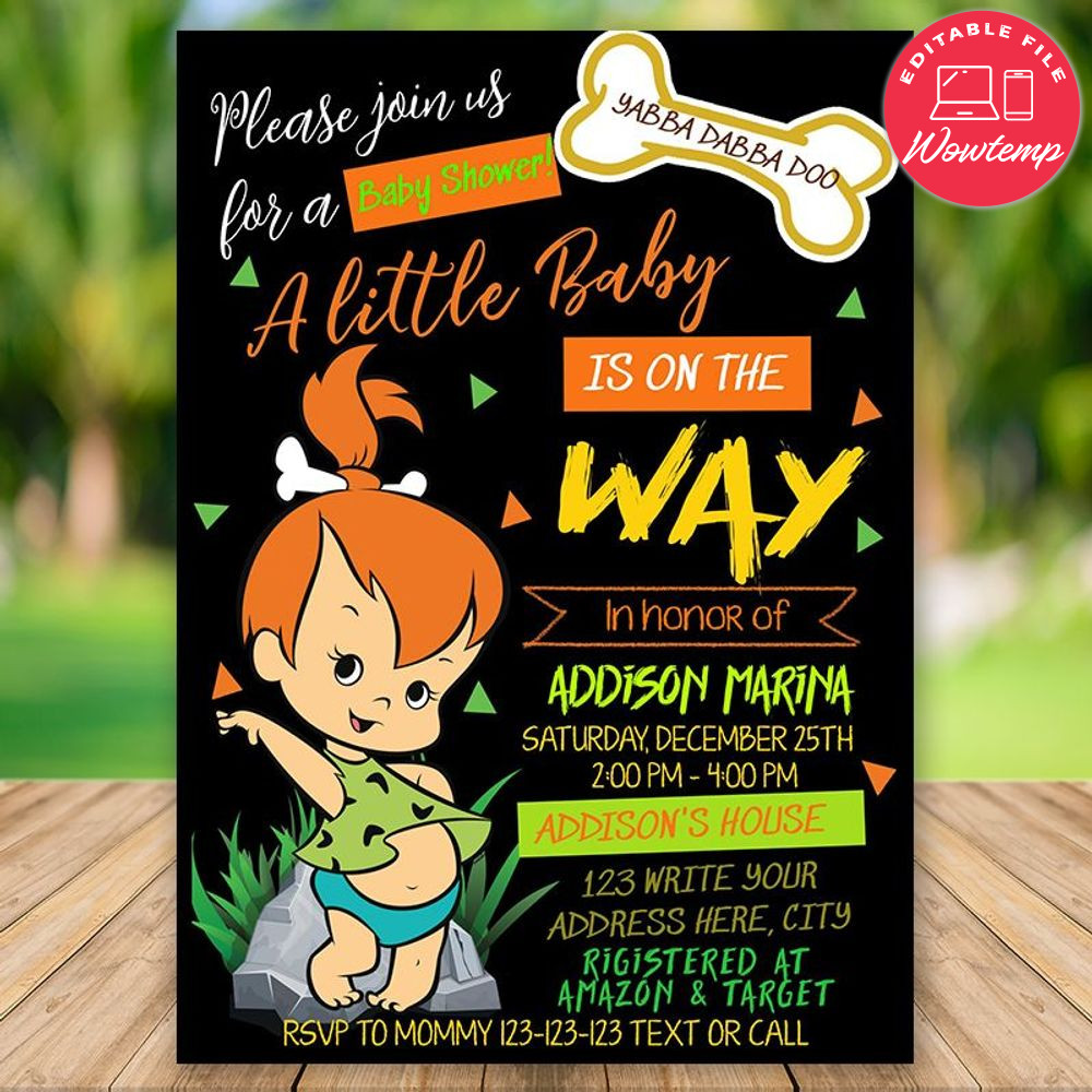 Printed - Editable The Flintstones Baby Shower Invitation for Girl (envelopes included)