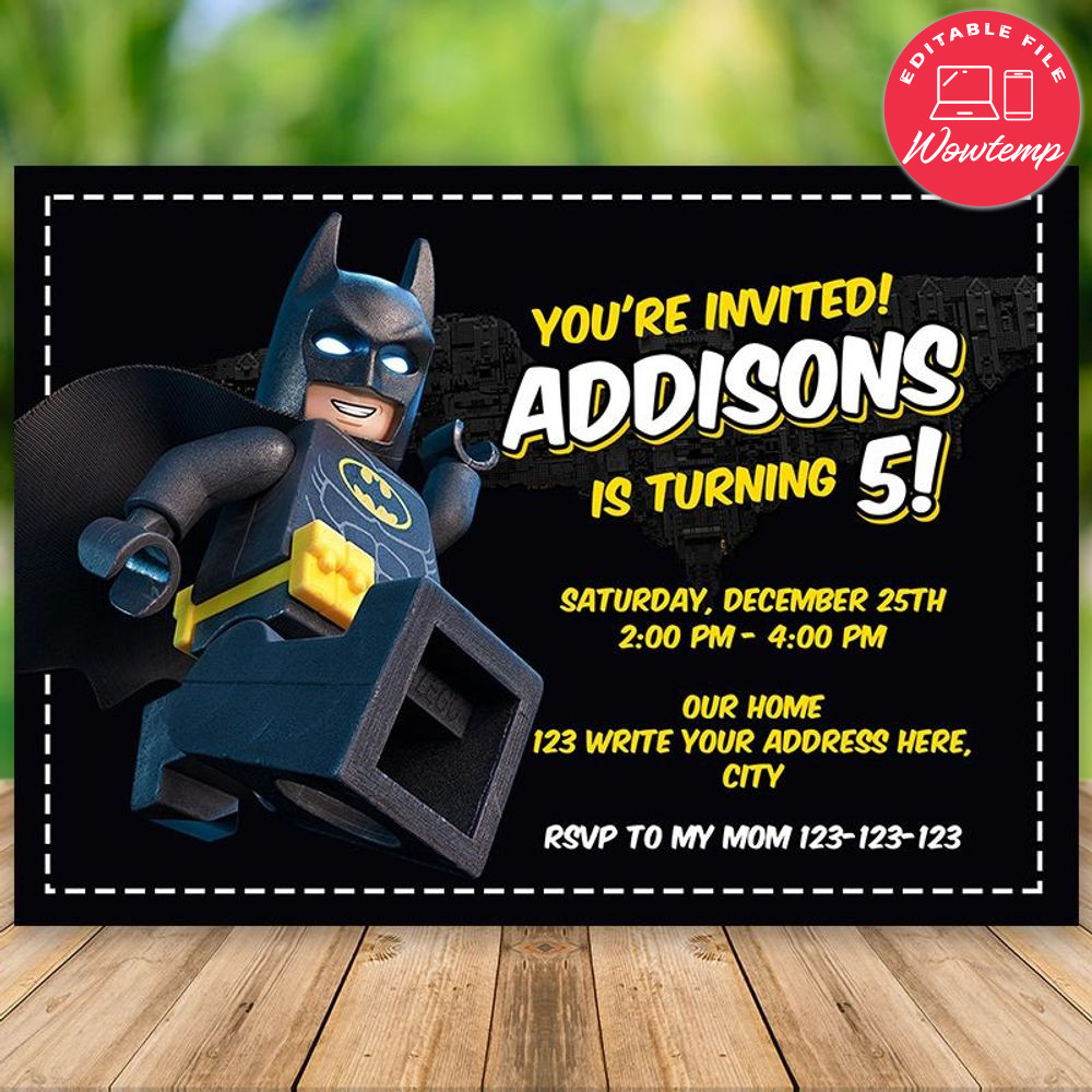 Printed - Editable Lego Batman Party Invitation (envelopes included)