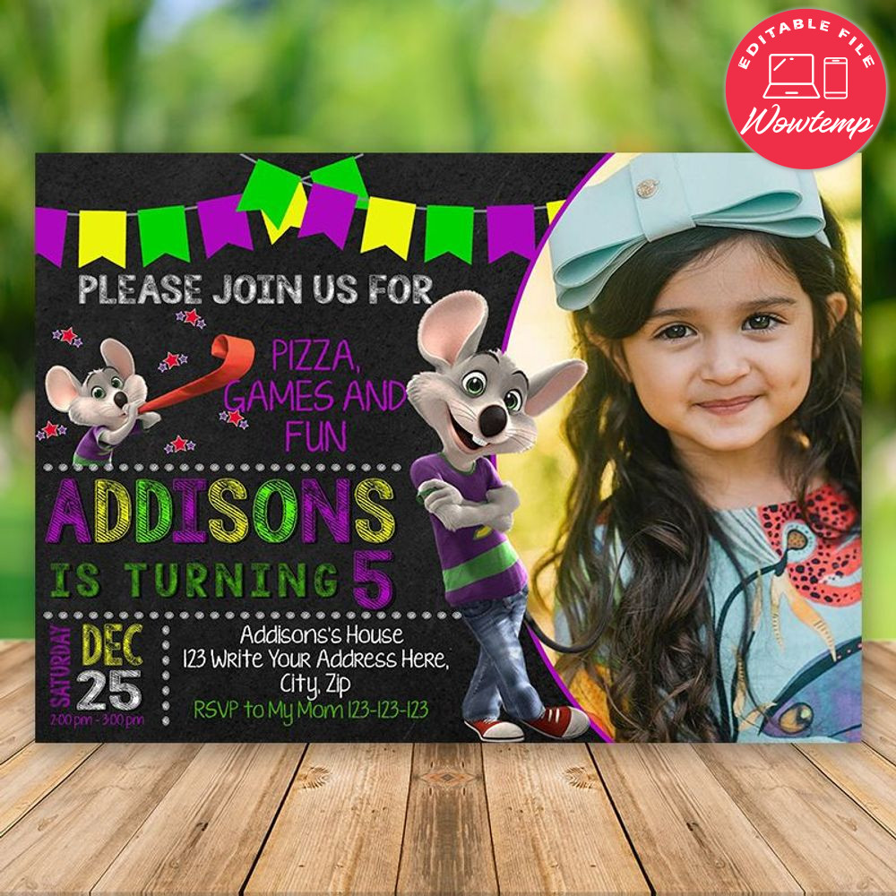 Printed - Editable Chuck E Cheese Party Invites With Photo (envelopes included)