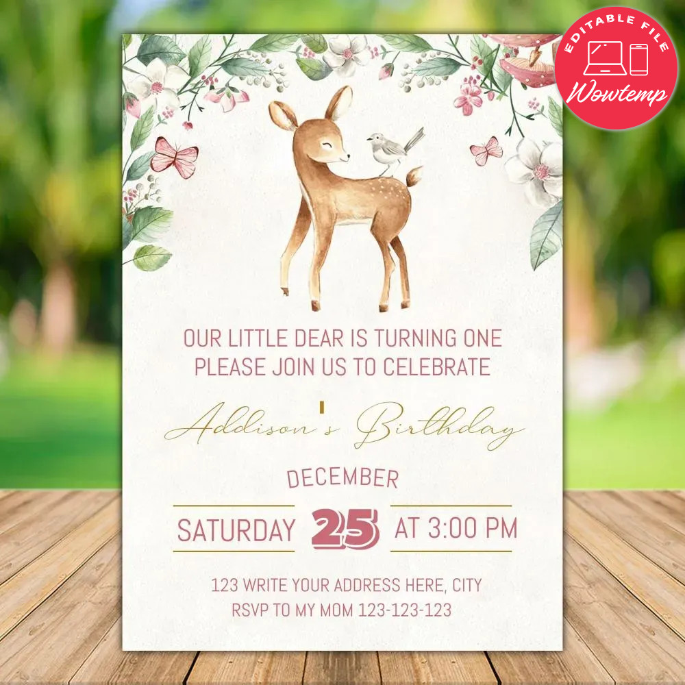 Printable Our Little Deer First Birthday Flyer Template DIY | Wowtemp