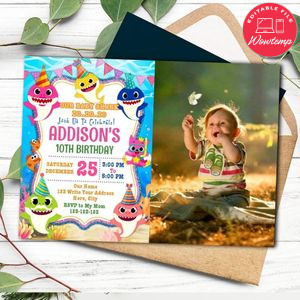 Baby Shark Invitation with Photo Customizable template Instant Download