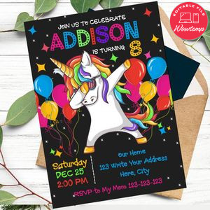Dabbing unicorn Birthday Invitation Template to Print at Home Instant Download