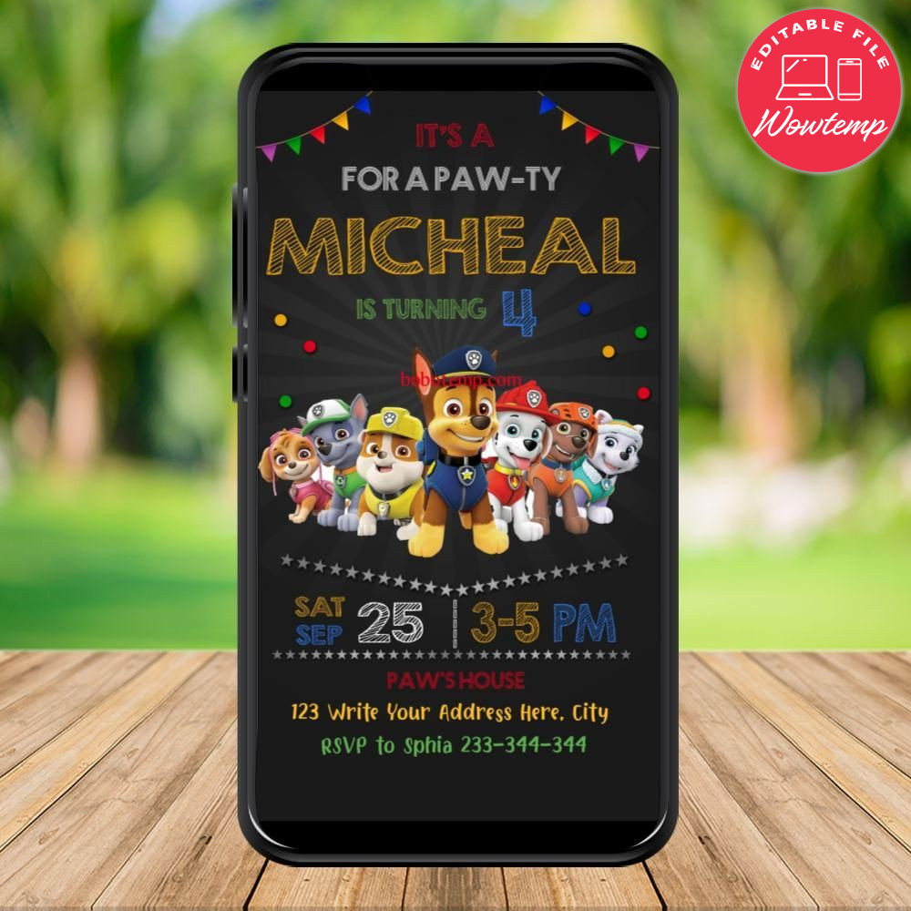 Mobile Paw Patrol Birthday Electronic Invite Invitation Instant Download