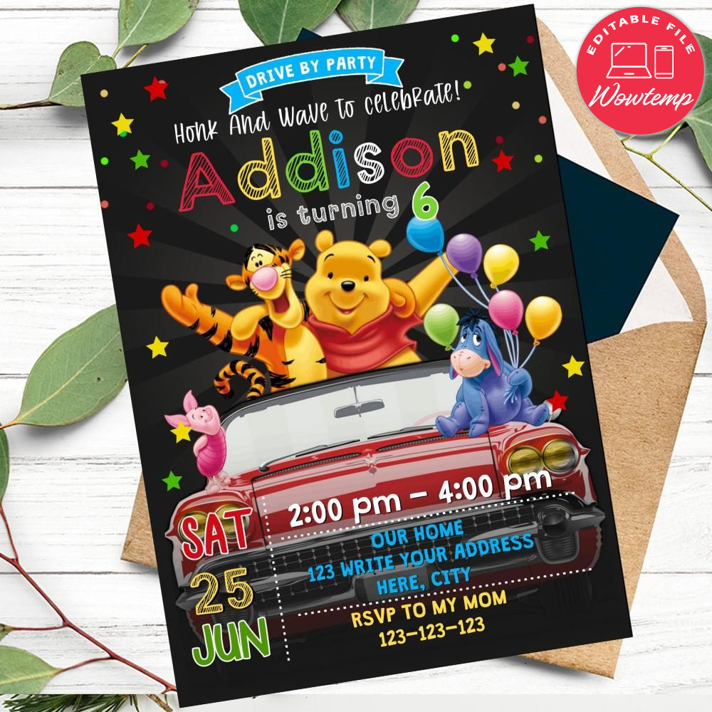 Winnie the Pooh Drive By Birthday Parade Invitation DIY Wowtemp