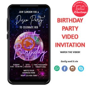 70's Disco Ball Birthday Video Invitation Digital Template Customizable Instant Download
