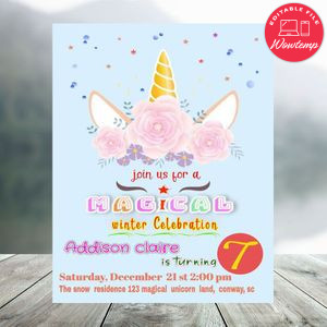 Editable Magical Winter Unicorn Birthday Flyer Instant Download