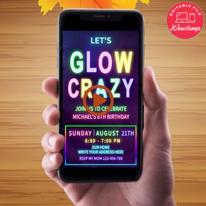 Neon Glow Birthday Video Invitation Digital Template Customizable Instant Download