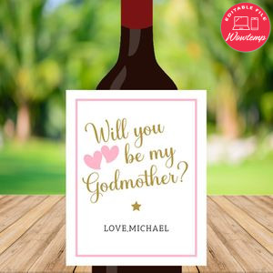 Will You Be My Godmother Wine Label Customizable Template Instant Download