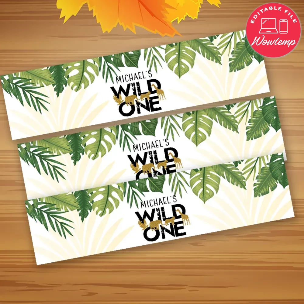 Jungle Wild One Birthday Water Bottle Label Template DIY | Wowtemp