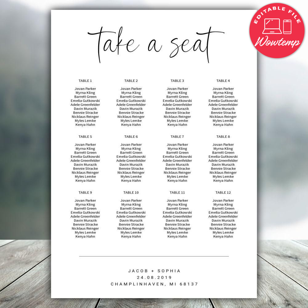 Editable Modern Seating Chart Template Instant Download | Wowtemp