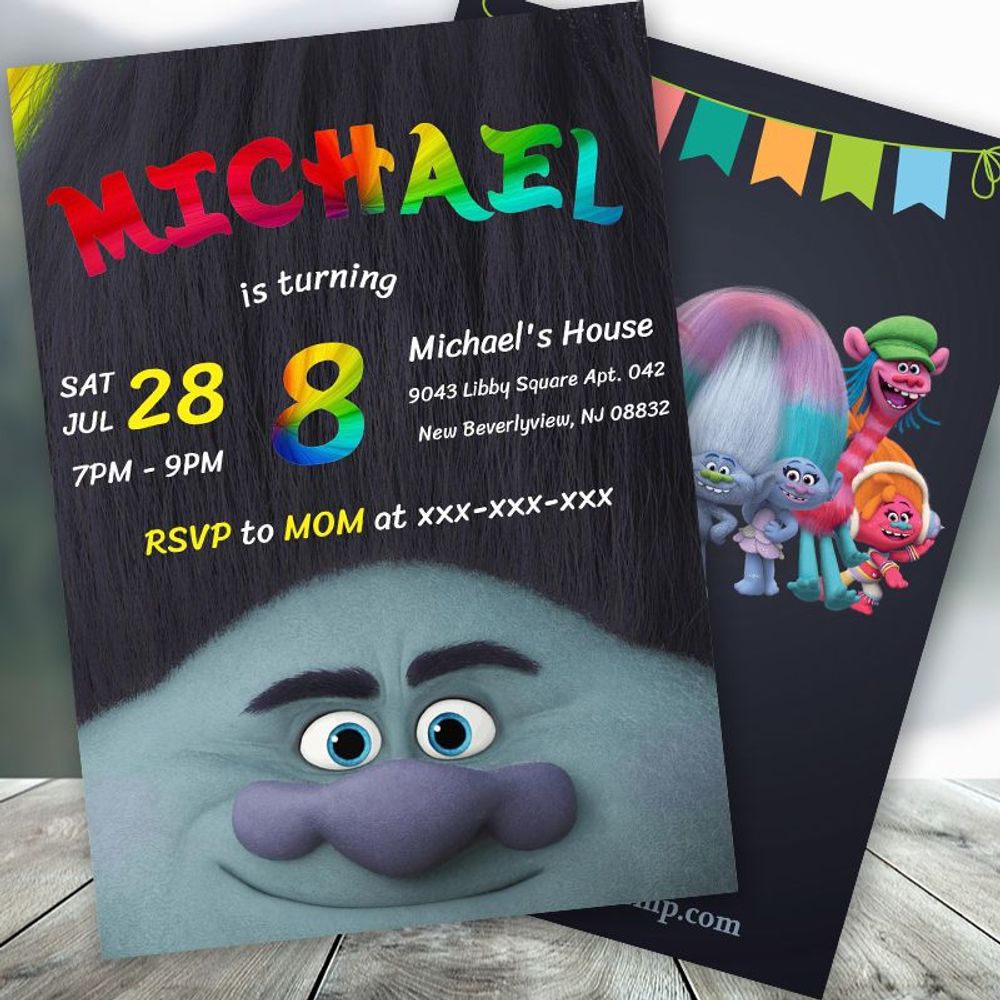 Printed - Trolls Poppy Branch Birthday Party Trolls Boy Invitation Printable (envelopes included)