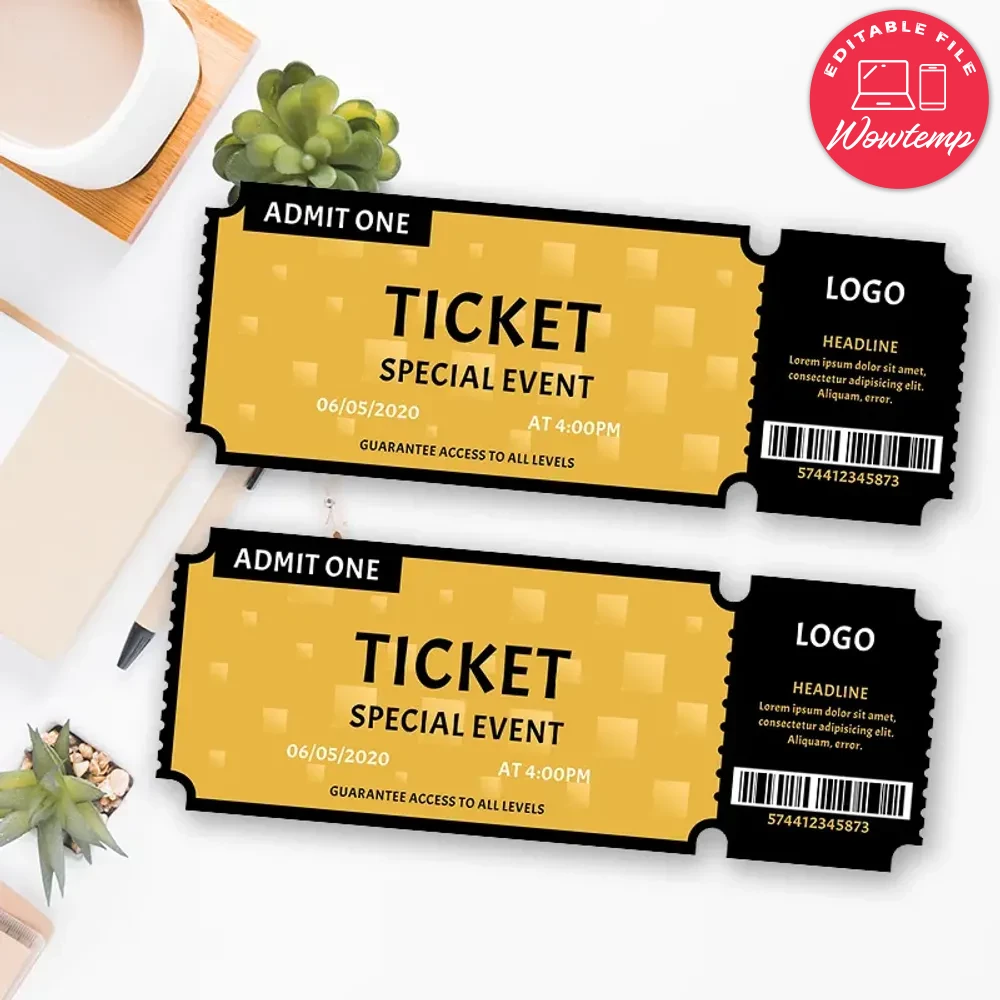 Printable Yellow Event Ticket Invitation Template DIY | Wowtemp