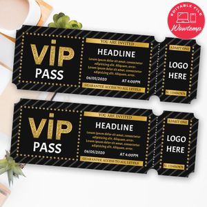 Printable Gold Vip Pass Admission Ticket Template Instant Download