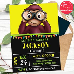Editable Curious George Party Invitation Digital File