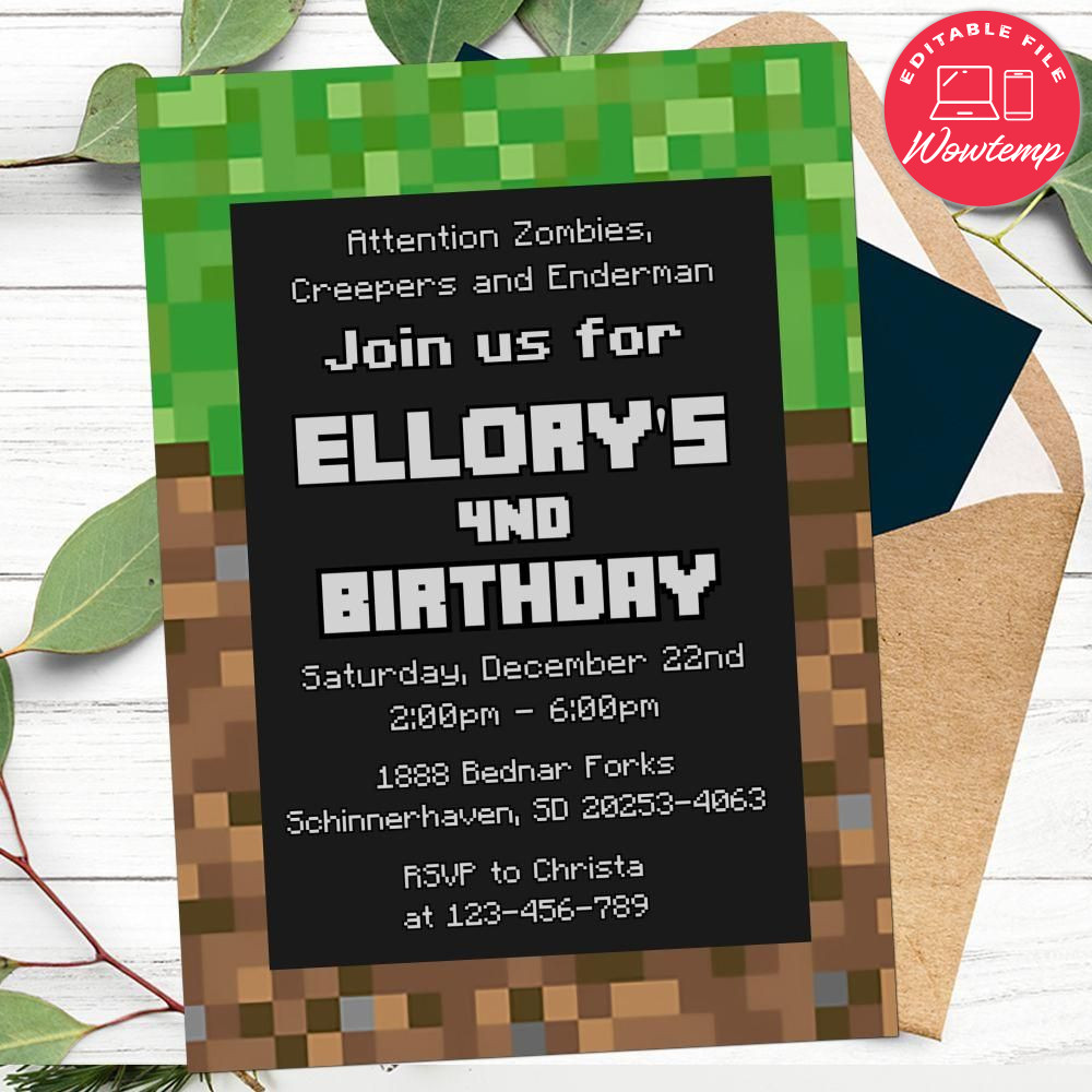 Editable Minecraft Video Game Party Invitation Instant Download | Wowtemp