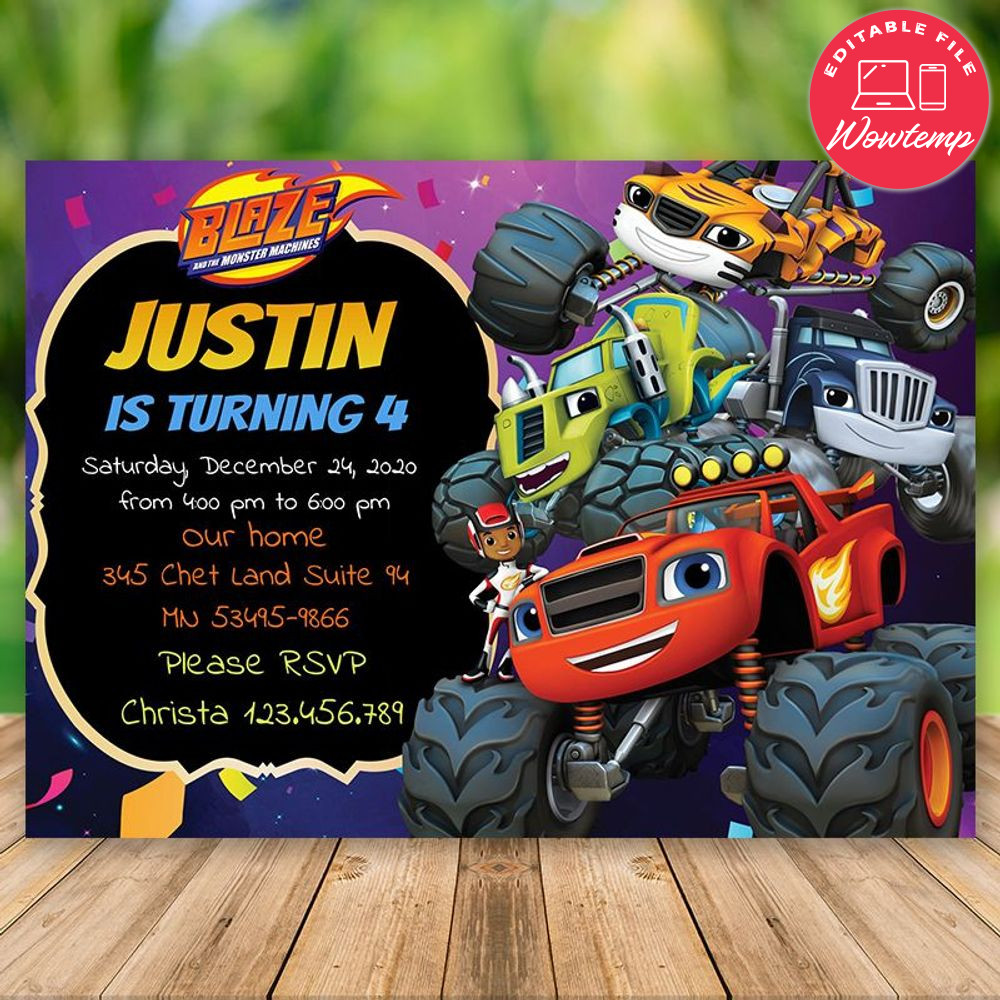 Printed - Editable Blaze and the Monster Machine Party Invite (envelopes included)