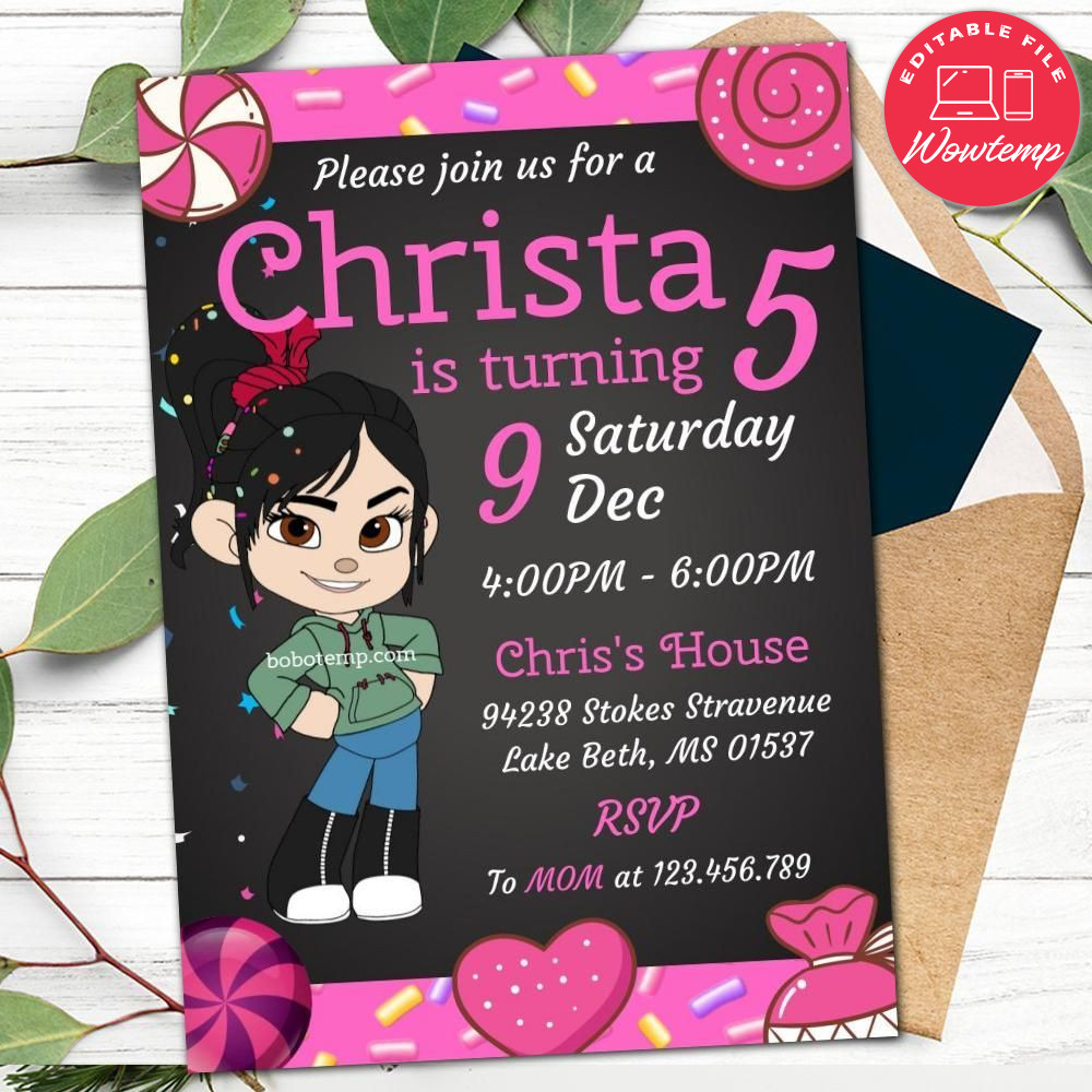 Printed - Editable VANELLOPE invitation Wreck It Ralph Party Invitation Digital File (envelopes included)