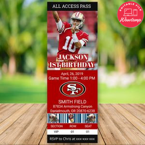 Editable 49ers Birthday Ticket Style Sports Party Invites Digital File