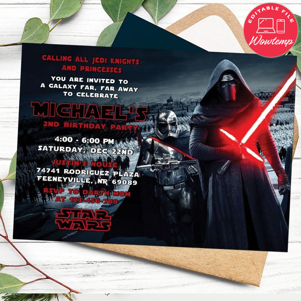 Editable Kylo Ren Star Wars Birthday Flyer Instant Download