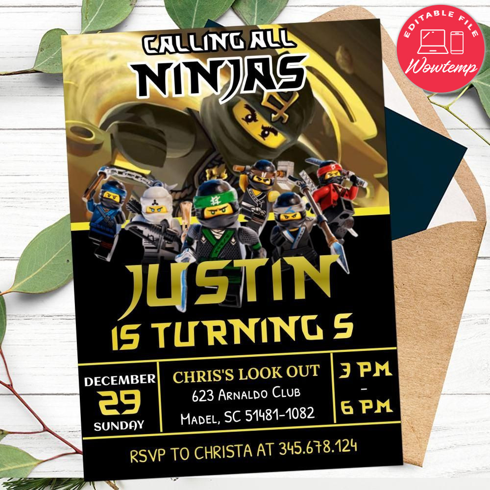 Printed - Editable Lego Ninjago Cole - Calling All Ninjas Birthday Invitations (envelopes included)