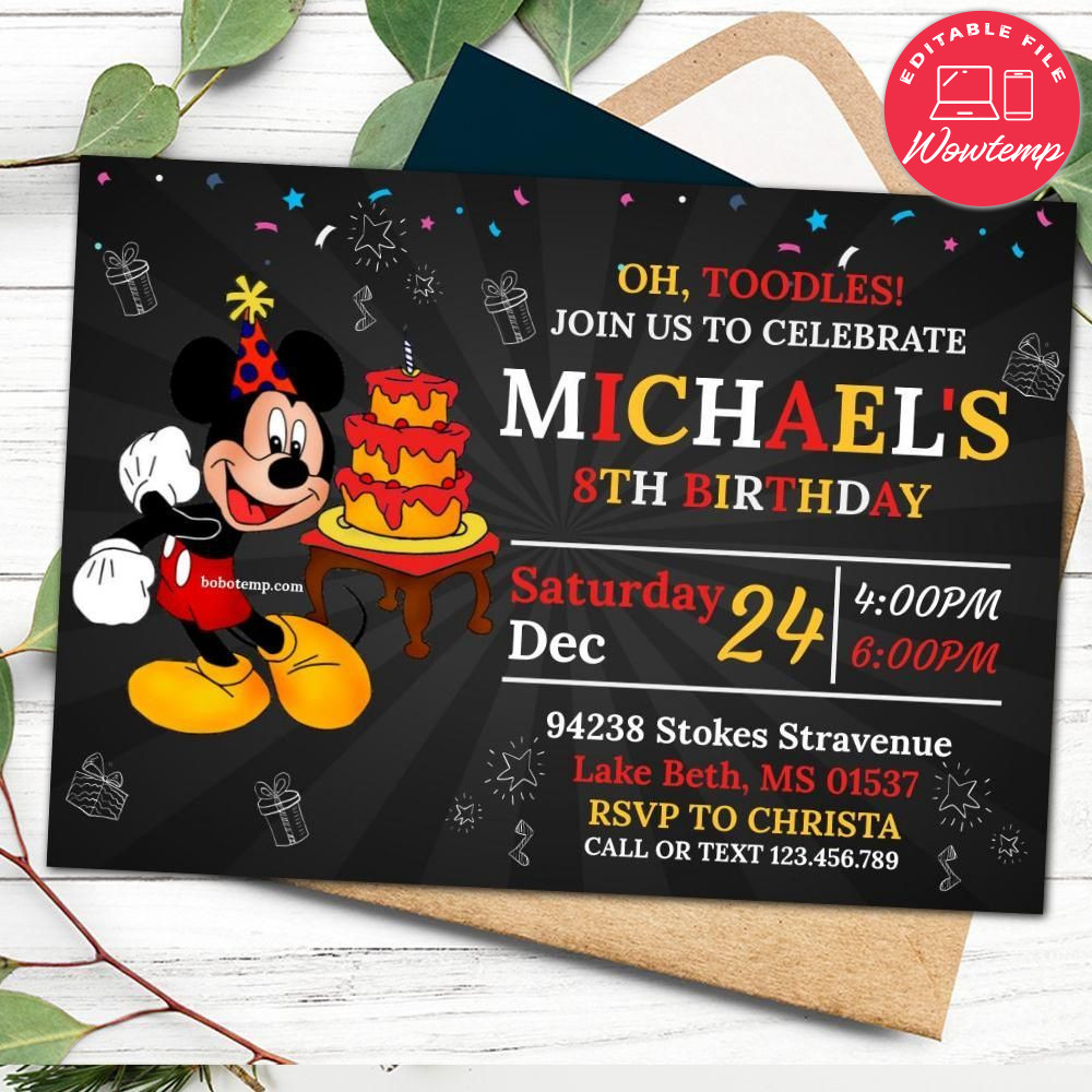 Editable Disney Mickey Mouse Birthday Party Invitation Instant Download