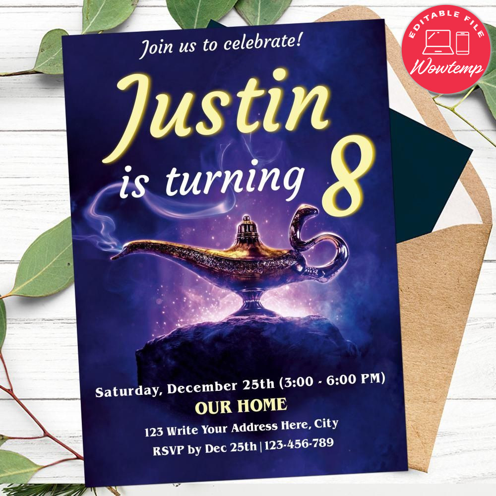 Editable Aladdin Birthday Invitation For Boy or Girl DIY | Wowtemp