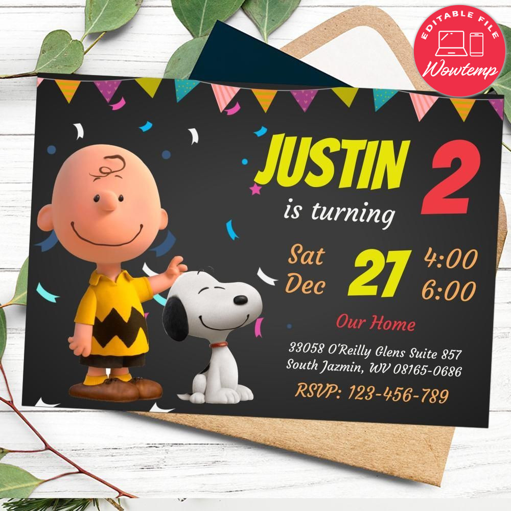 Printed - Editable Charlie Brown Peanuts Invitation (envelopes included)