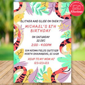 Editable Snake Birthday Invitation Instant Download