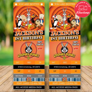Editable Looney Tunes Ticket Birthday Flyer Instant Download