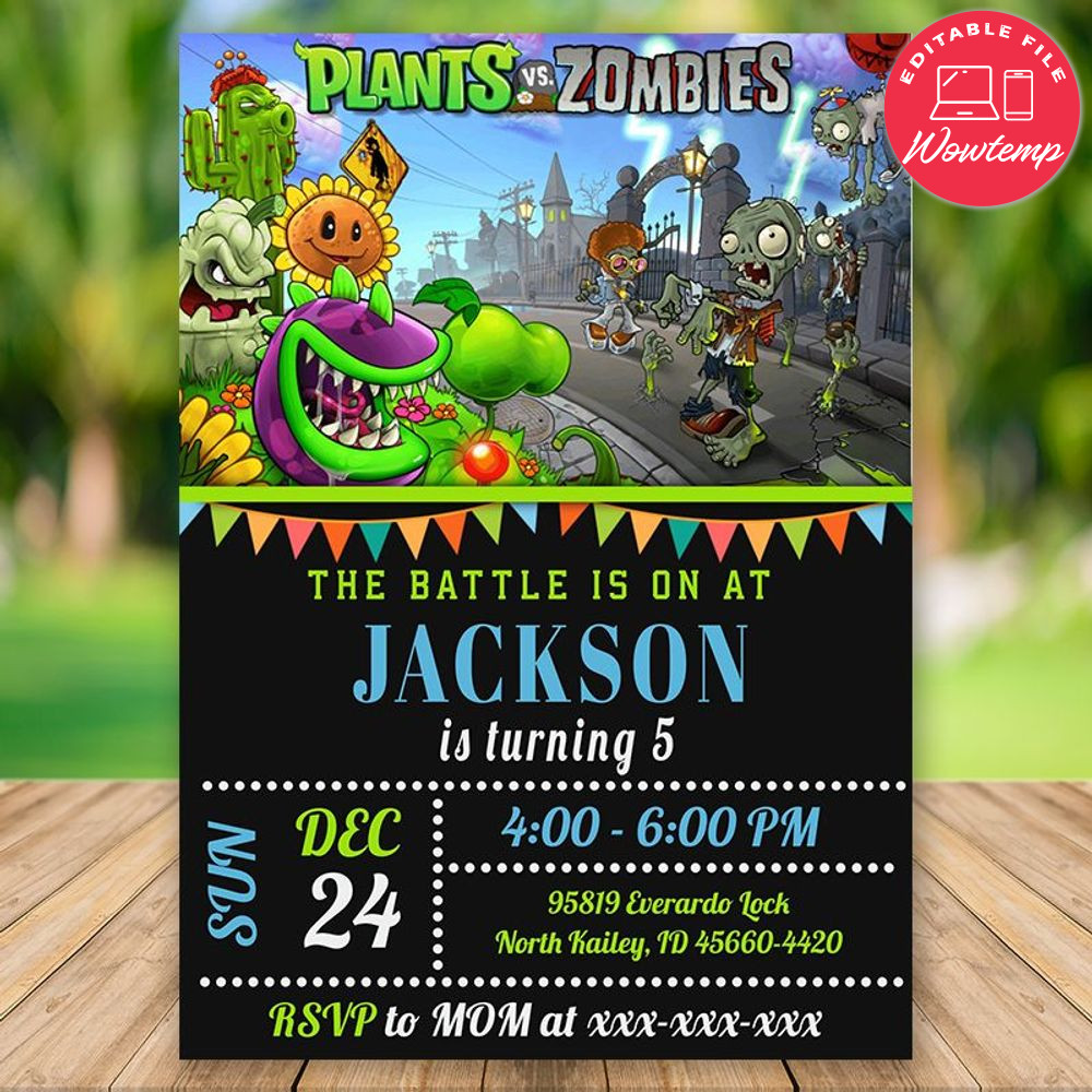 Printed - Editable Plants vs Zombies Birthday Party Invitation Digital File (envelopes included)