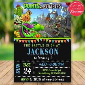 Editable Plants vs Zombies Birthday Party Invitation Digital File
