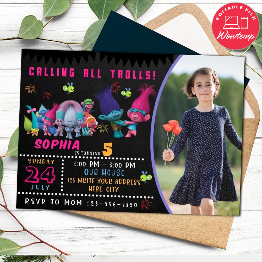 Editable Trolls Birthday Flyer Instant Download