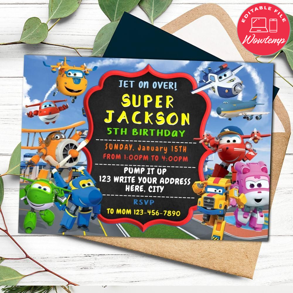 Printed - Editable Super Wings Invitation (envelopes included)