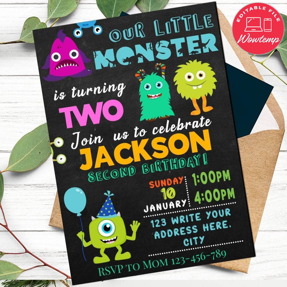 Printed - Editable Little Monster Invitation (envelopes included)