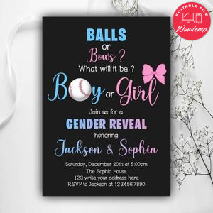 Printable Baseball Balls and Bows Gender Reveal Invitation Instant Download