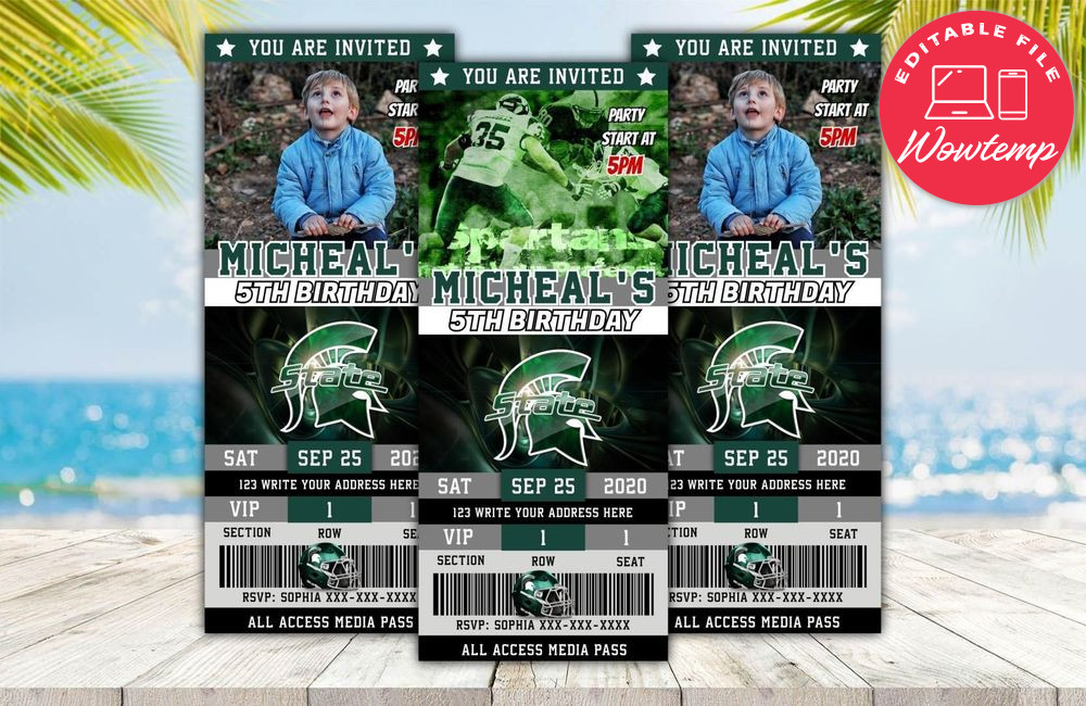 Printable Michigan State Spartans Birthday Ticket Invitations Instant Download