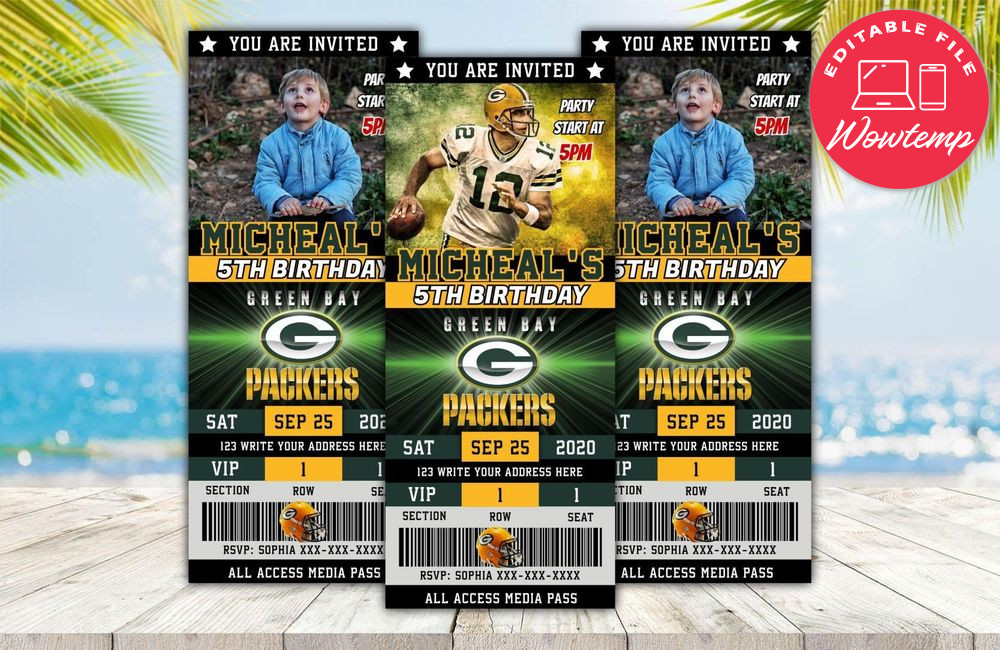 Editable Green Bay Packers Birthday Ticket Invite Instant Download