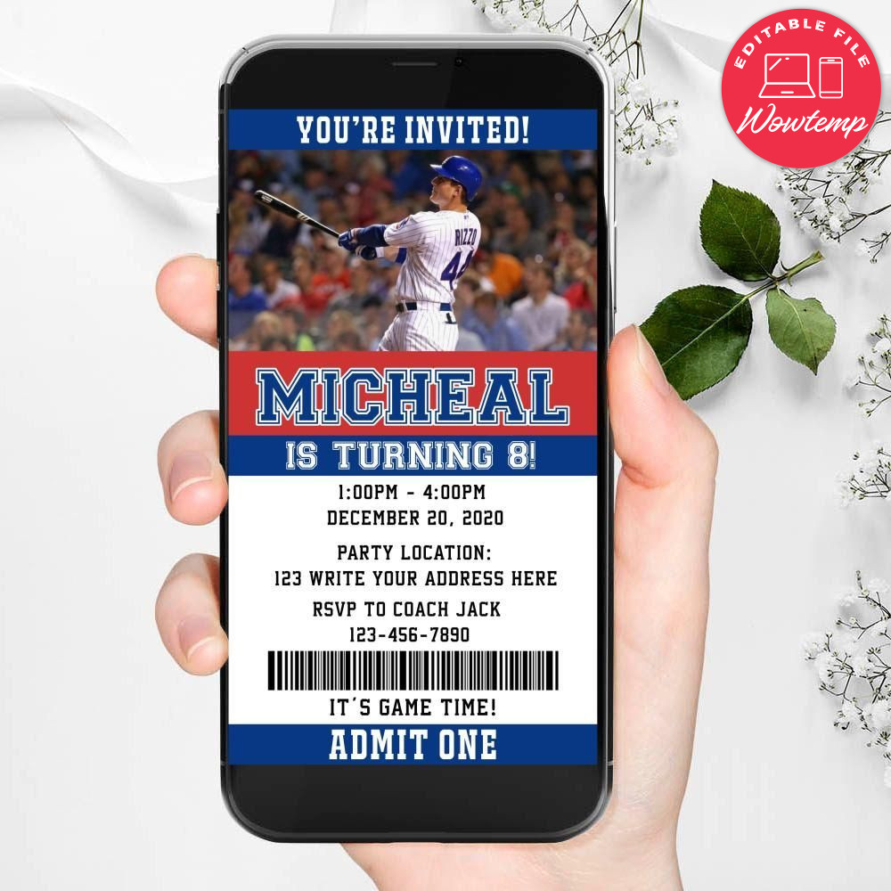 Electronic Chicago Cubs Electronic Invite Birthday Invitations Instant Download