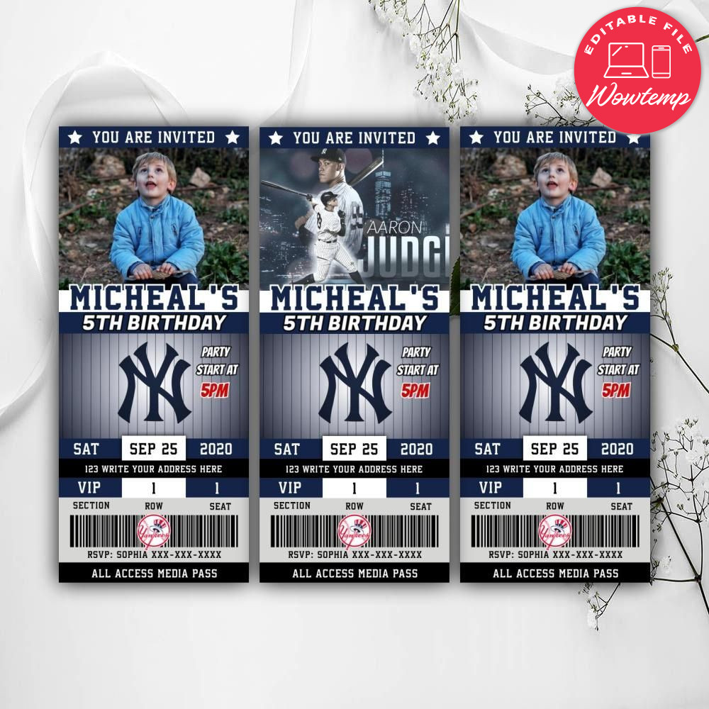 Editable Aaron Judge New York Yankees Baseball Birthday Ticket Invitations Instant Download