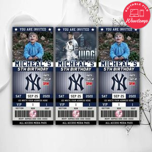Editable Aaron Judge New York Yankees Baseball Birthday Ticket Invitations Instant Download
