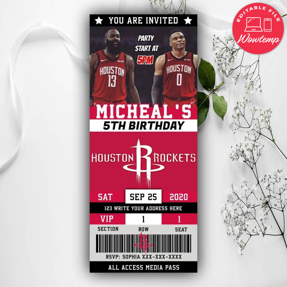 Printable Westbrook Houston Rockets Birthday Invitations DIY | Wowtemp