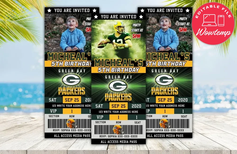 Editable Green Bay Packers Birthday Ticket Invitations DIY | Wowtemp