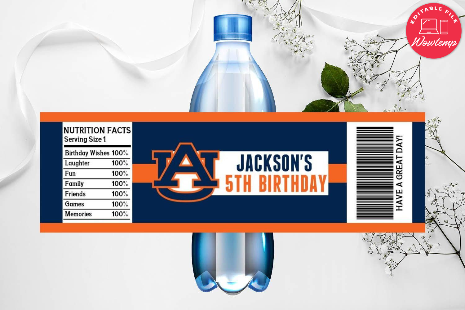 Printable Auburn Tigers Water Bottle Labels Instant Download | Wowtemp