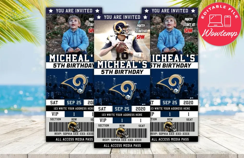 Editable Los Angeles Rams Birthday Ticket Invitations DIY | Wowtemp