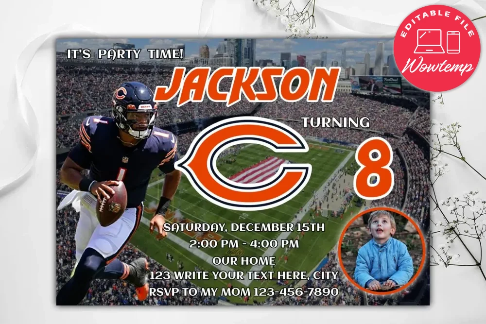 Chicago Bears Birthday Invitation Instant Download | Wowtemp