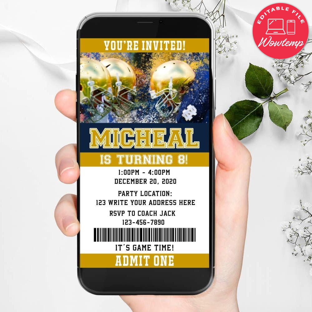 Electronic Notre Dame Fighting Irish Electronic Invite Birthday Invitations DIY